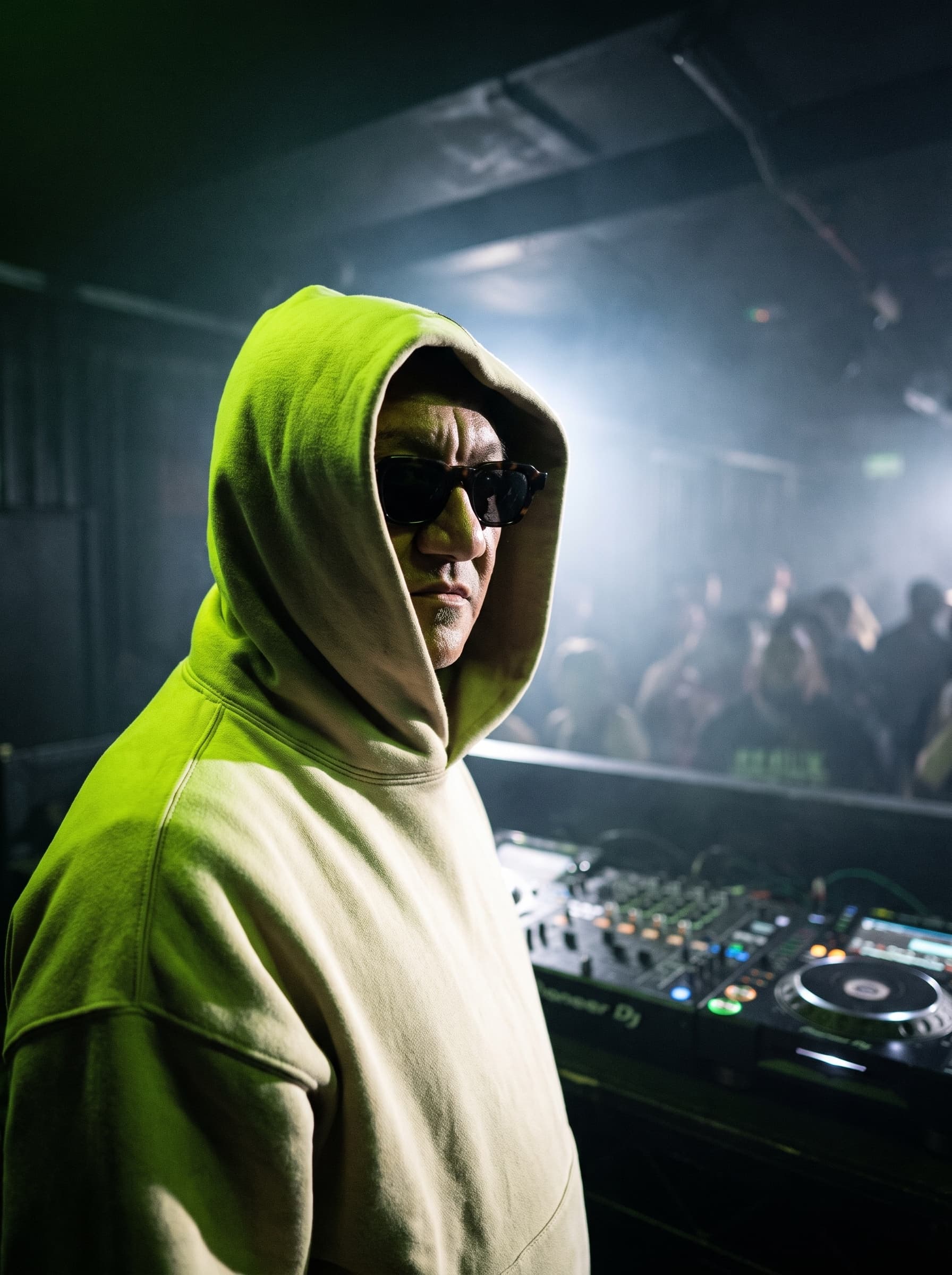 Fab Akira behind the decks, lit in acid-green neon at a dark club